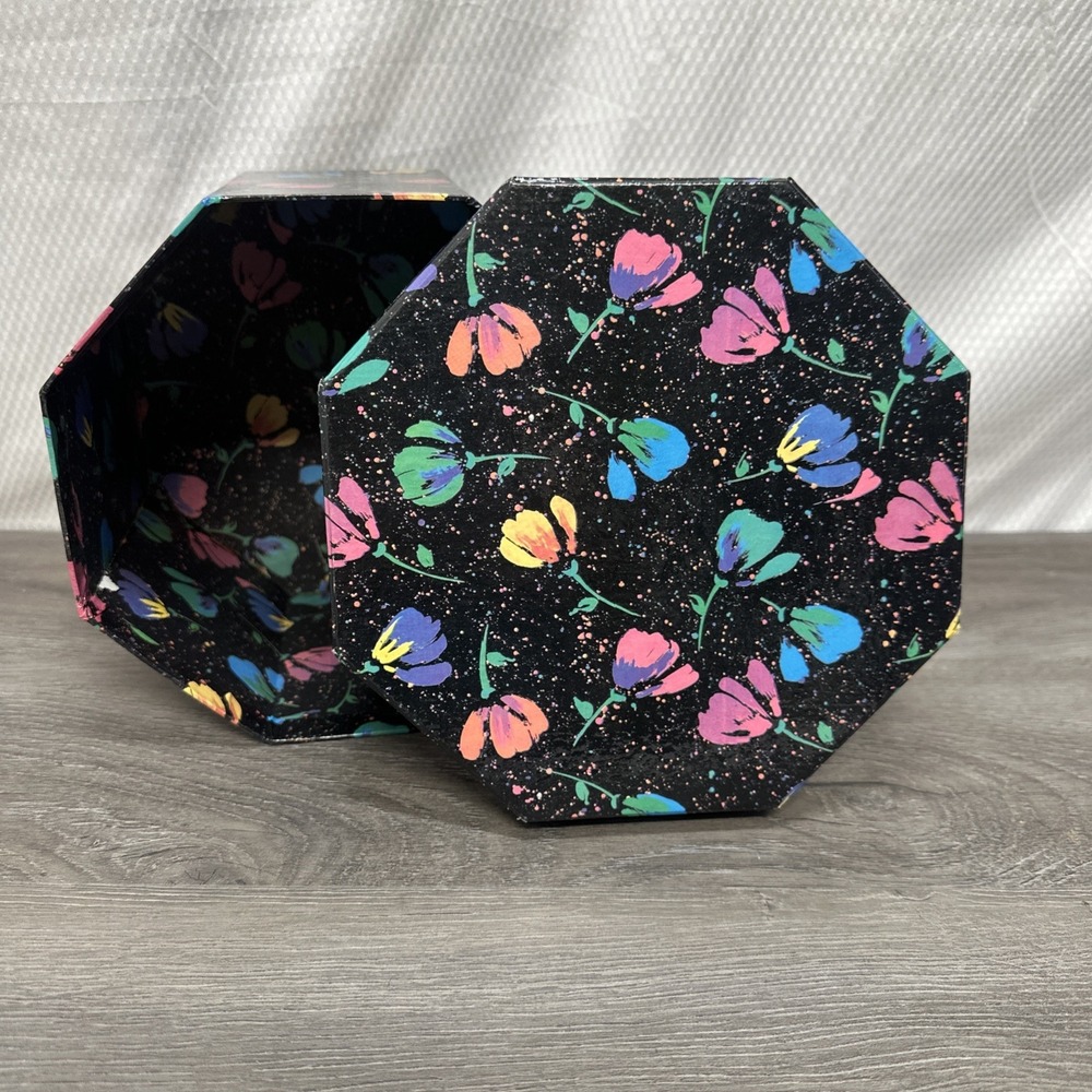 Vintage 1990's Neon Black Floral Rainbow Floral Splash Octagon Jewelry Gift Box